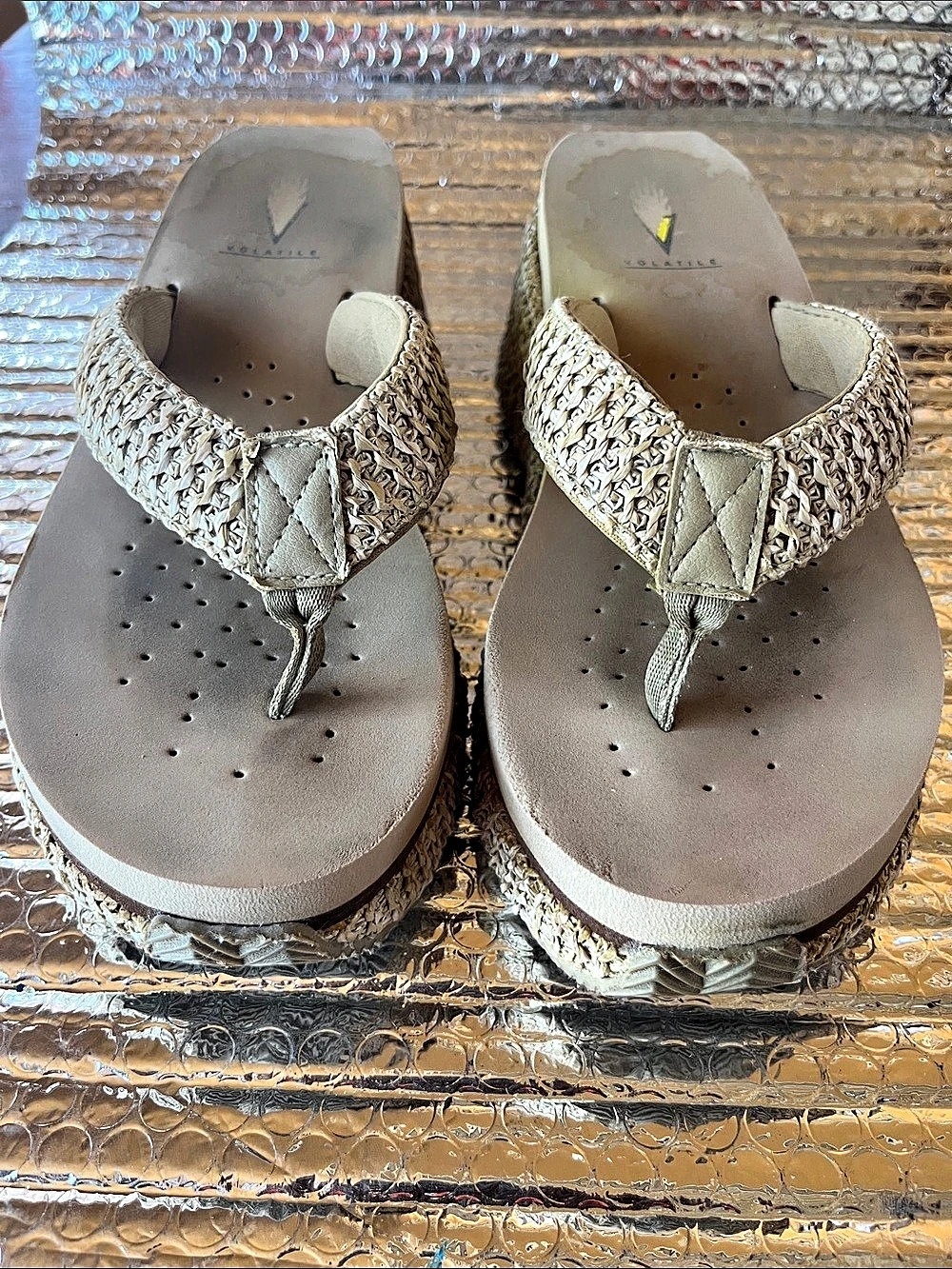 Volatile Island Woven Platform Thong Sandals Brown & Cream